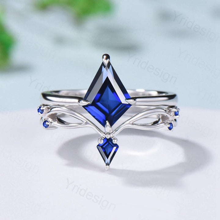 Dainty Blue Sapphire Engagement Ring Set Kite Cut Solitaire Minimalist Wedding Set Simple Sep birthstone Bridal Set Anniversary Promise gift - PENFINE