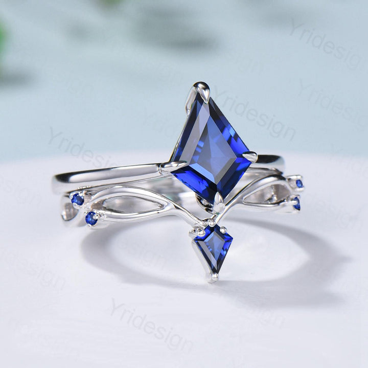 Dainty Blue Sapphire Engagement Ring Set Kite Cut Solitaire Minimalist Wedding Set Simple Sep birthstone Bridal Set Anniversary Promise gift - PENFINE