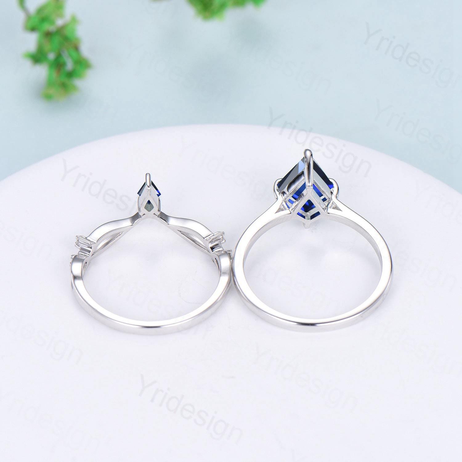 Dainty Blue Sapphire Engagement Ring Set Kite Cut Solitaire Minimalist Wedding Set Simple Sep birthstone Bridal Set Anniversary Promise gift - PENFINE