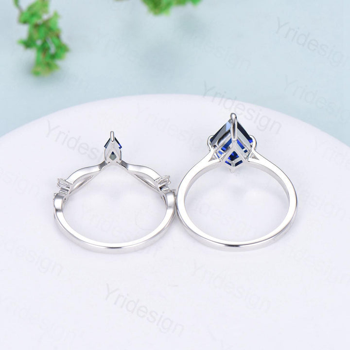 Dainty Blue Sapphire Engagement Ring Set Kite Cut Solitaire Minimalist Wedding Set Simple Sep birthstone Bridal Set Anniversary Promise gift - PENFINE