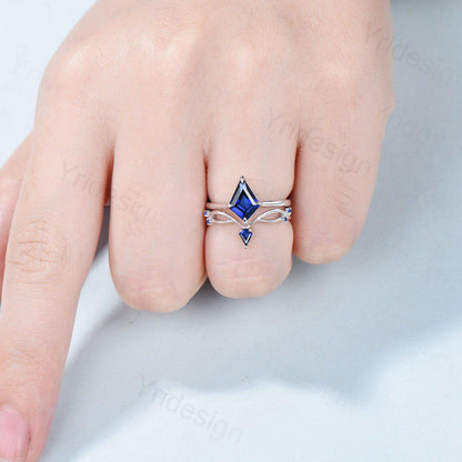 Dainty Blue Sapphire Engagement Ring Set Kite Cut Solitaire Minimalist Wedding Set Simple Sep birthstone Bridal Set Anniversary Promise gift - PENFINE