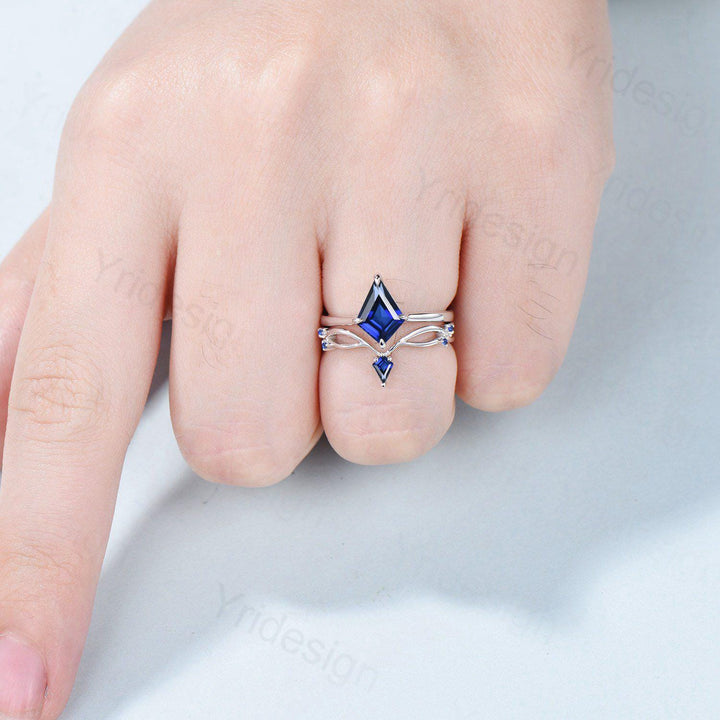 Dainty Blue Sapphire Engagement Ring Set Kite Cut Solitaire Minimalist Wedding Set Simple Sep birthstone Bridal Set Anniversary Promise gift - PENFINE