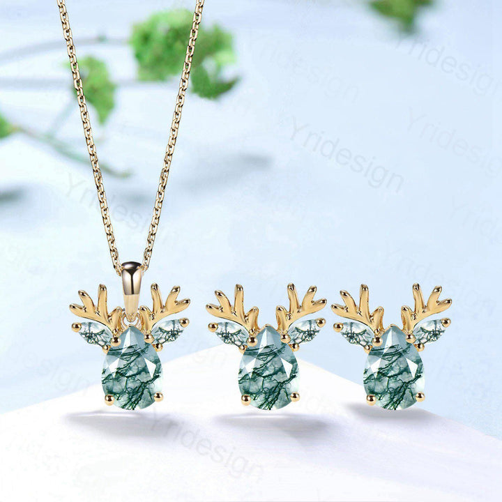 Elegant Pear Shaped Natural Moss Agate Antler Necklace Animal Inspired Marquise Agate Earring Silver Rose Gold Deer Antler Jewelry for Her - PENFINE