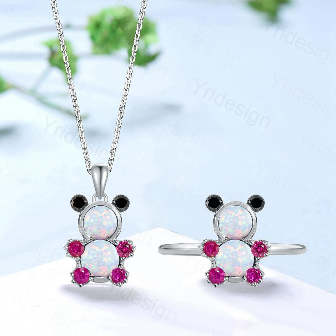 Unique Teddy Bear Jewelry white opal engagement ring and opal necklace cluster ruby animal inspired unique delicate bridal ring set gift - PENFINE