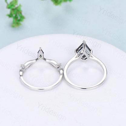 Dainty Salt and Pepper Diamond Engagement Ring Set Kite Solitaire Minimalist Wedding Set Simple Diamond Bridal Set Anniversary Promise gift - PENFINE