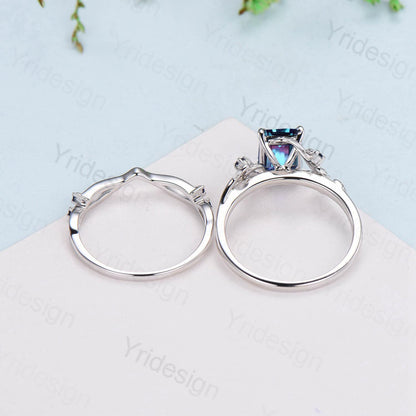 Vintage Emerald cut alexandrite engagement ring set Nature inspired sapphire wedding ring set white gold leaf vine bridal set promise gifts - PENFINE