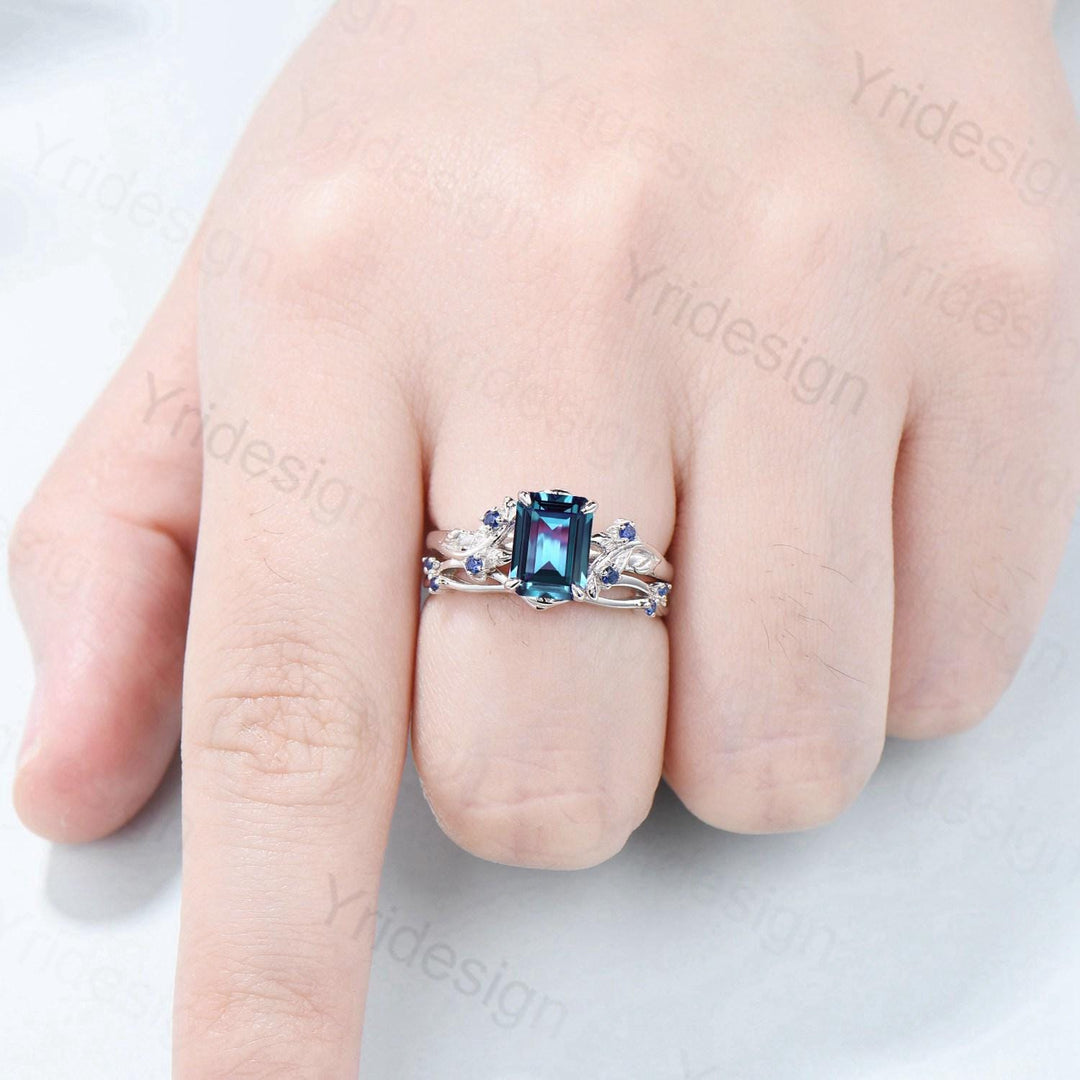 Vintage Emerald cut alexandrite engagement ring set Nature inspired sapphire wedding ring set white gold leaf vine bridal set promise gifts - PENFINE