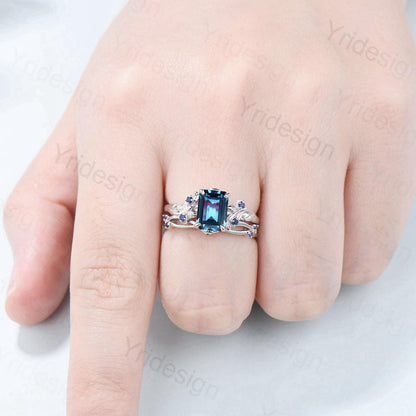 Vintage Emerald cut alexandrite engagement ring set Nature inspired sapphire wedding ring set white gold leaf vine bridal set promise gifts - PENFINE