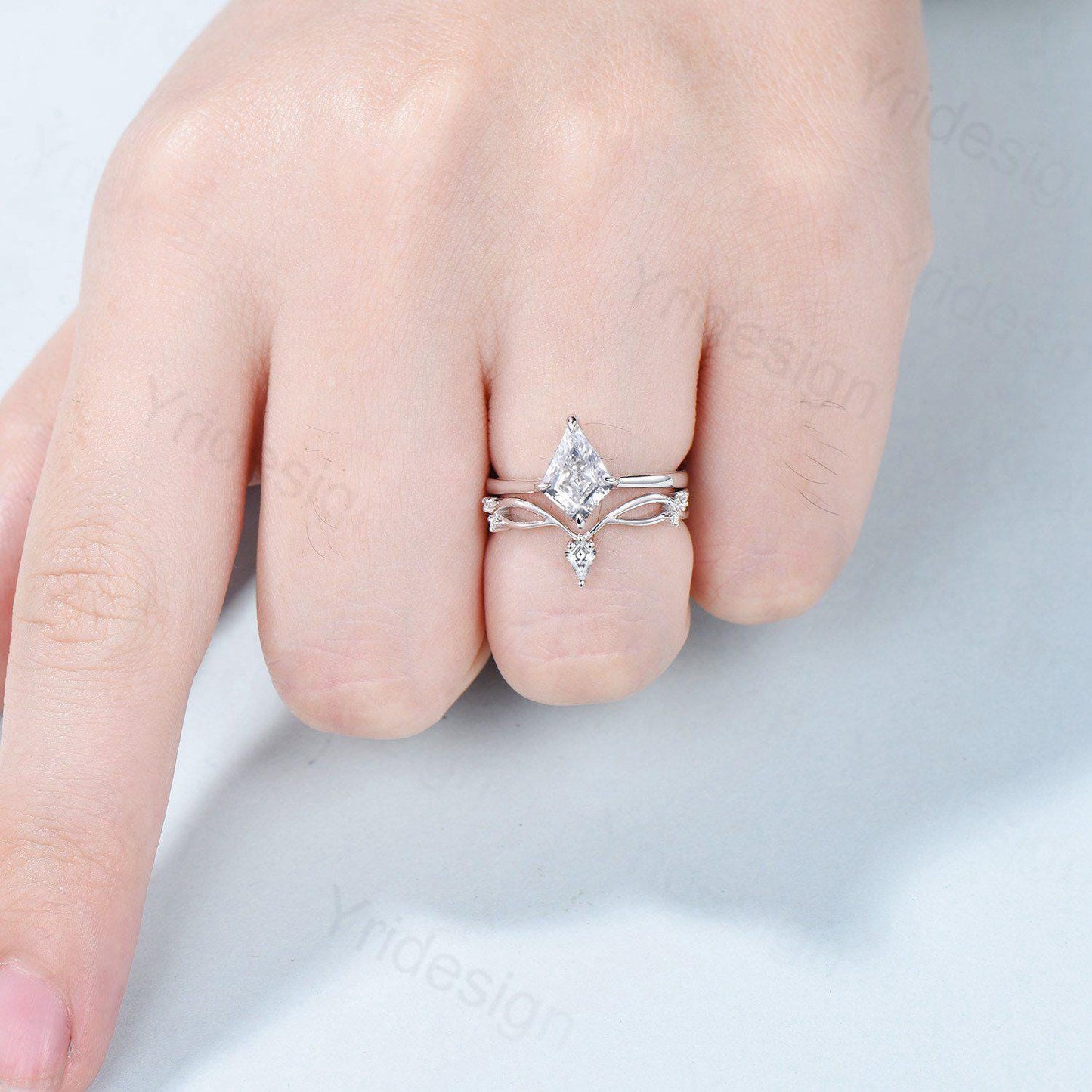 Vintage Kite Cut Diamond Engagement Ring Set Minimalist Lab Grown Diamond Wedding Ring IGI Certificate Simple Solitaire CVD Diamond Ring Set - PENFINE
