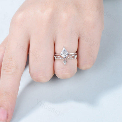 Vintage Kite Cut Diamond Engagement Ring Set Minimalist Lab Grown Diamond Wedding Ring IGI Certificate Simple Solitaire CVD Diamond Ring Set - PENFINE