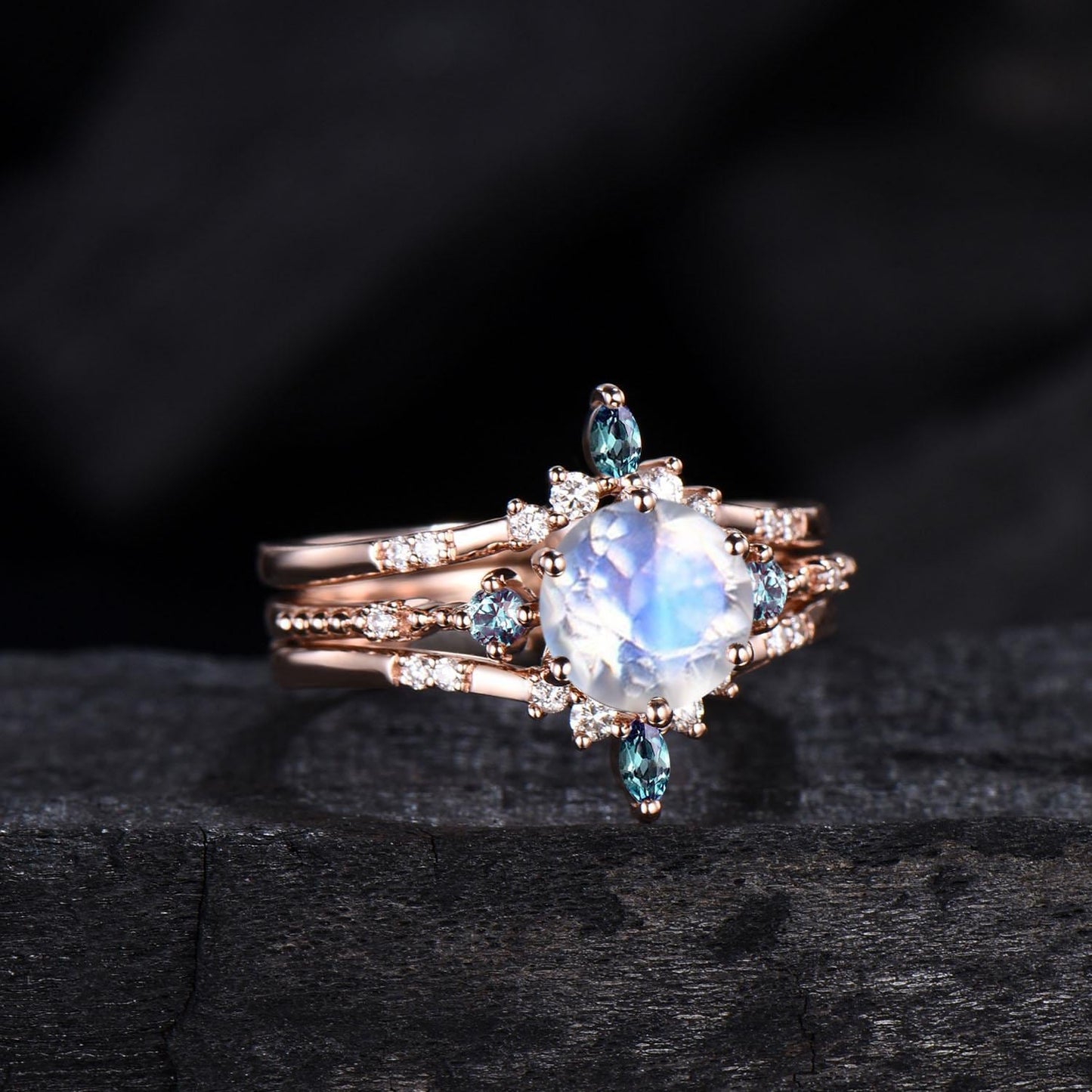 Moonstone Engagement Ring Set, Vintage Alexandrite Wedding Band - PENFINE