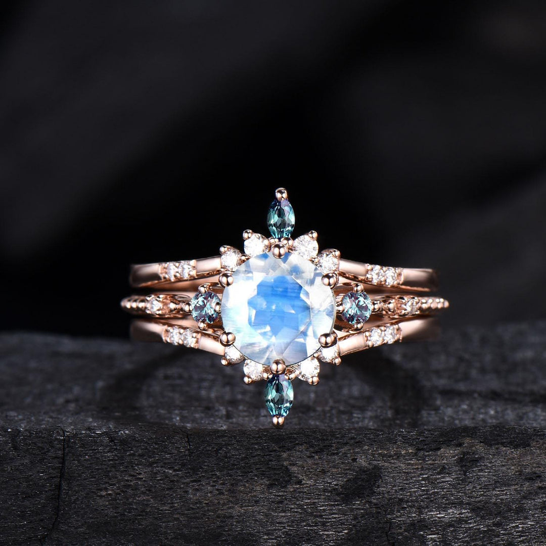 Moonstone Engagement Ring Set, Vintage Alexandrite Wedding Band - PENFINE