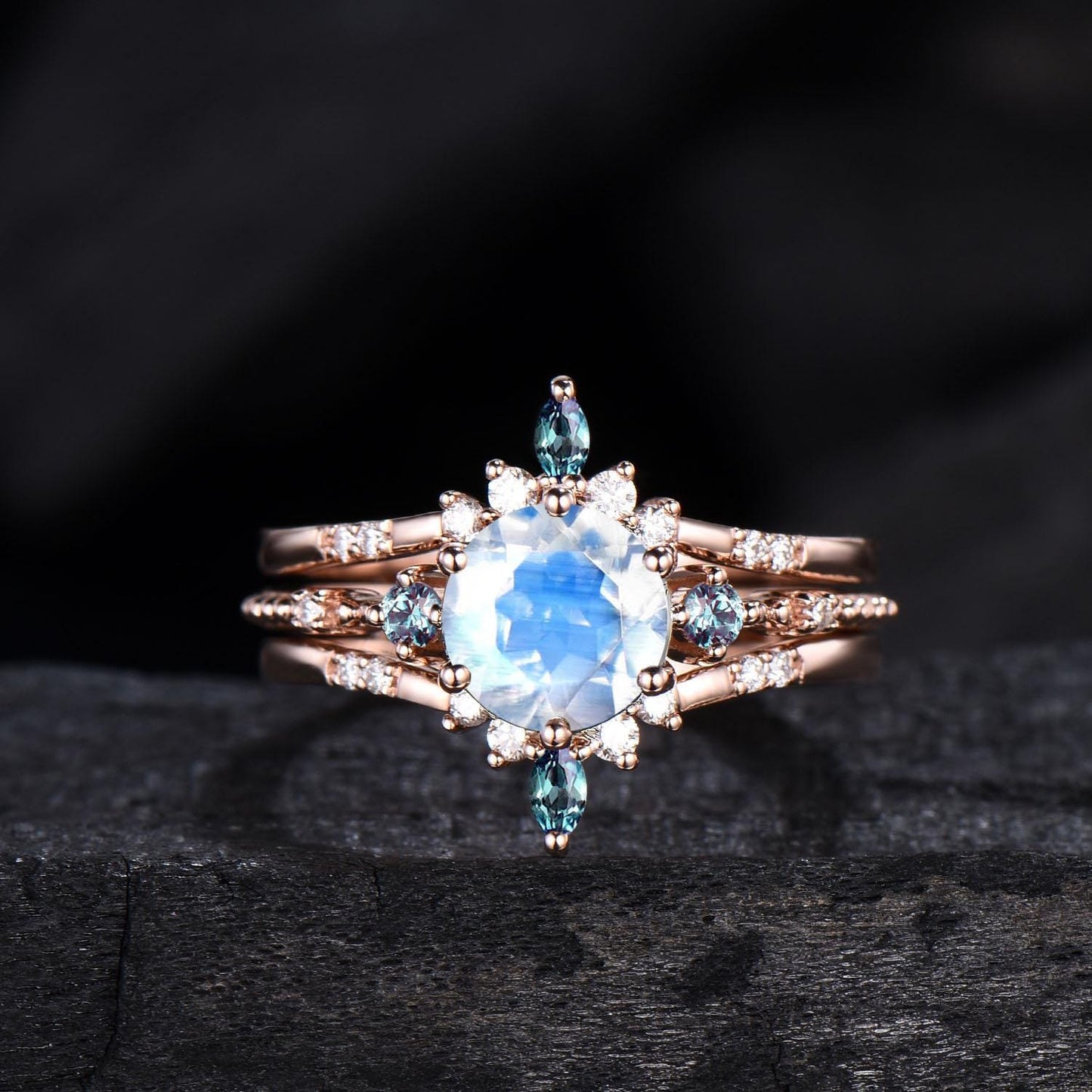 Moonstone Engagement Ring Set, Vintage Alexandrite Wedding Band - PENFINE