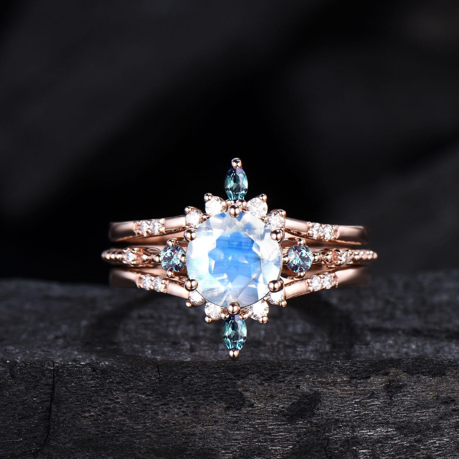 Moonstone Engagement Ring Set, Vintage Alexandrite Wedding Band - PENFINE
