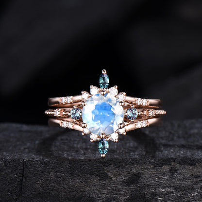 Moonstone Engagement Ring Set, Vintage Alexandrite Wedding Band - PENFINE