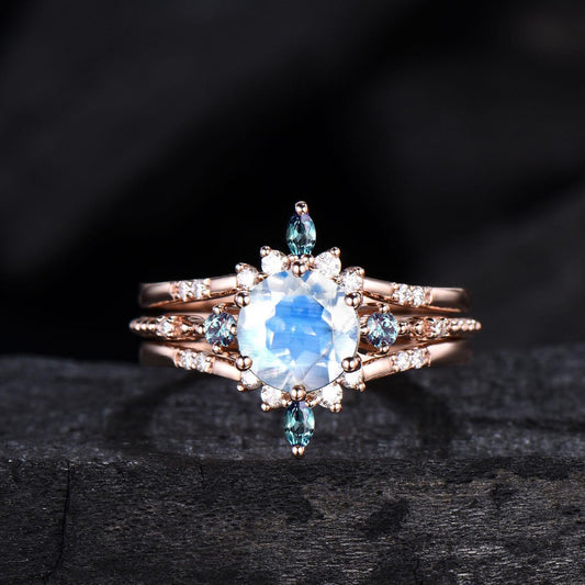 Moonstone Engagement Ring Set, Vintage Alexandrite Wedding Band - PENFINE