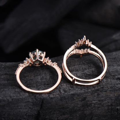 Moonstone Engagement Ring Set, Vintage Alexandrite Wedding Band - PENFINE