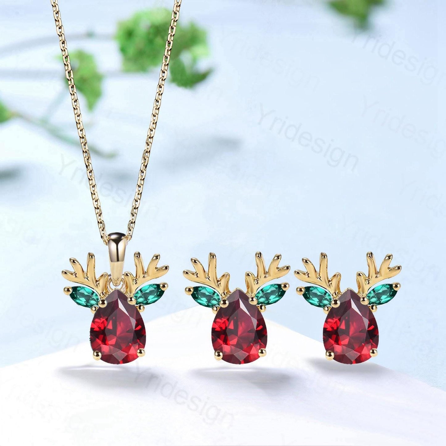 Elegant Pear Cut Red Ruby Antler Necklace Animal Inspired Dainty Marquise Emerald Earring Rose Gold Deer Antler July Birthstone Jewelry - PENFINE