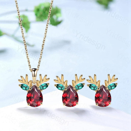 Elegant Pear Cut Red Ruby Antler Necklace Animal Inspired Dainty Marquise Emerald Earring Rose Gold Deer Antler July Birthstone Jewelry - PENFINE
