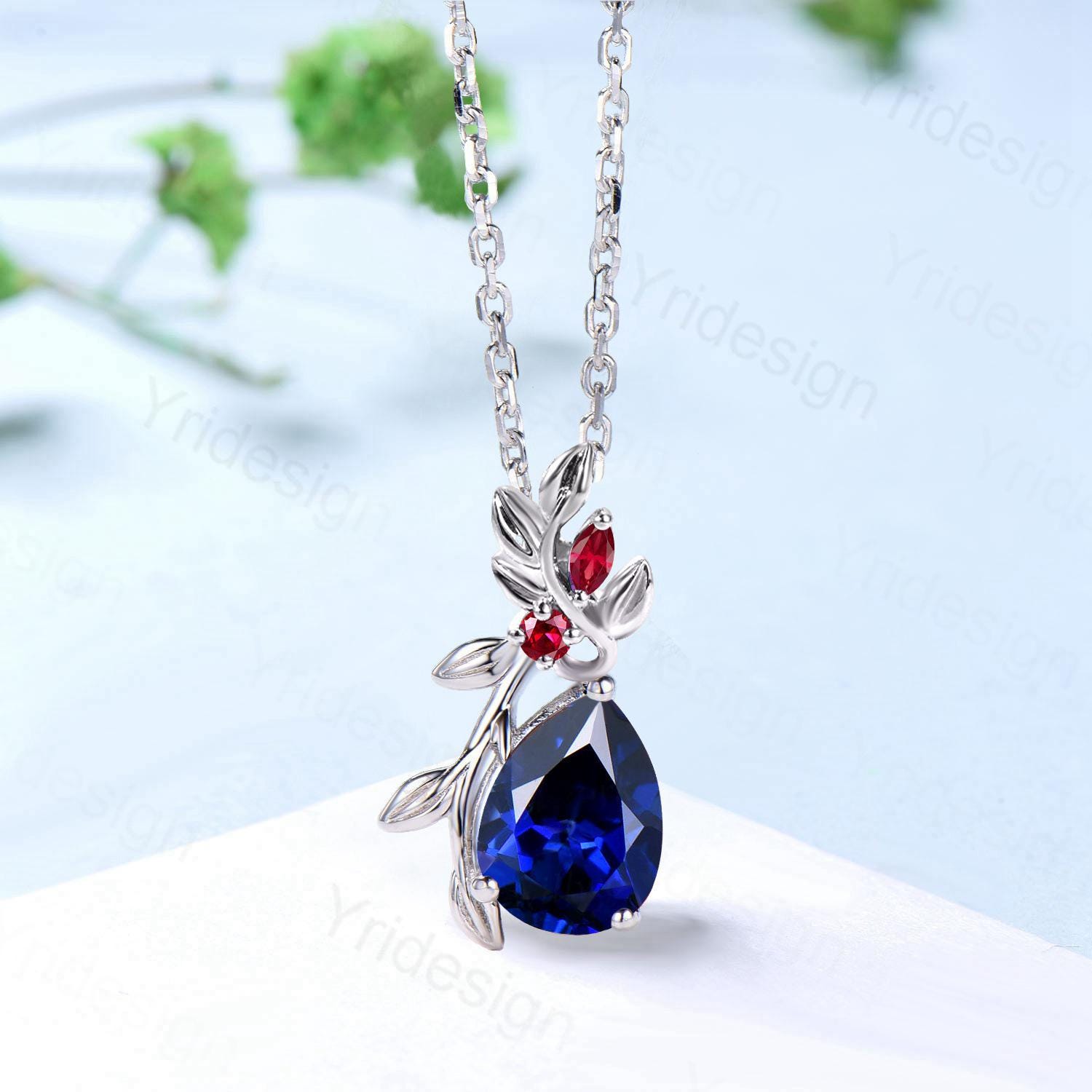 Elegant Pear Shaped Blue Sapphire Pendant Necklace leaf branch red ruby necklace Twisted nature inspired Sep birthstone anniversary gifts - PENFINE