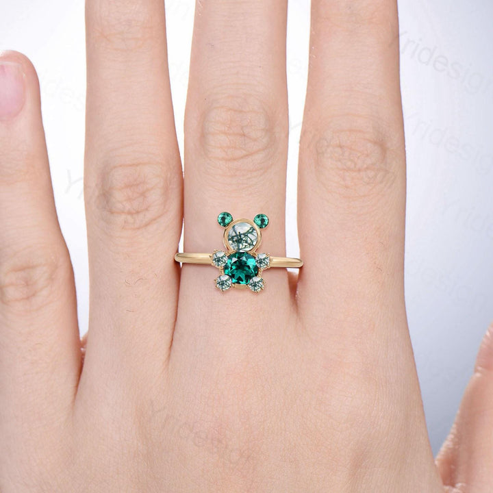 Dainty Teddy Bear Jewelry moss agate engagement ring and emerald necklace charm pendant animal inspired unique delicate bridal ring set gift - PENFINE