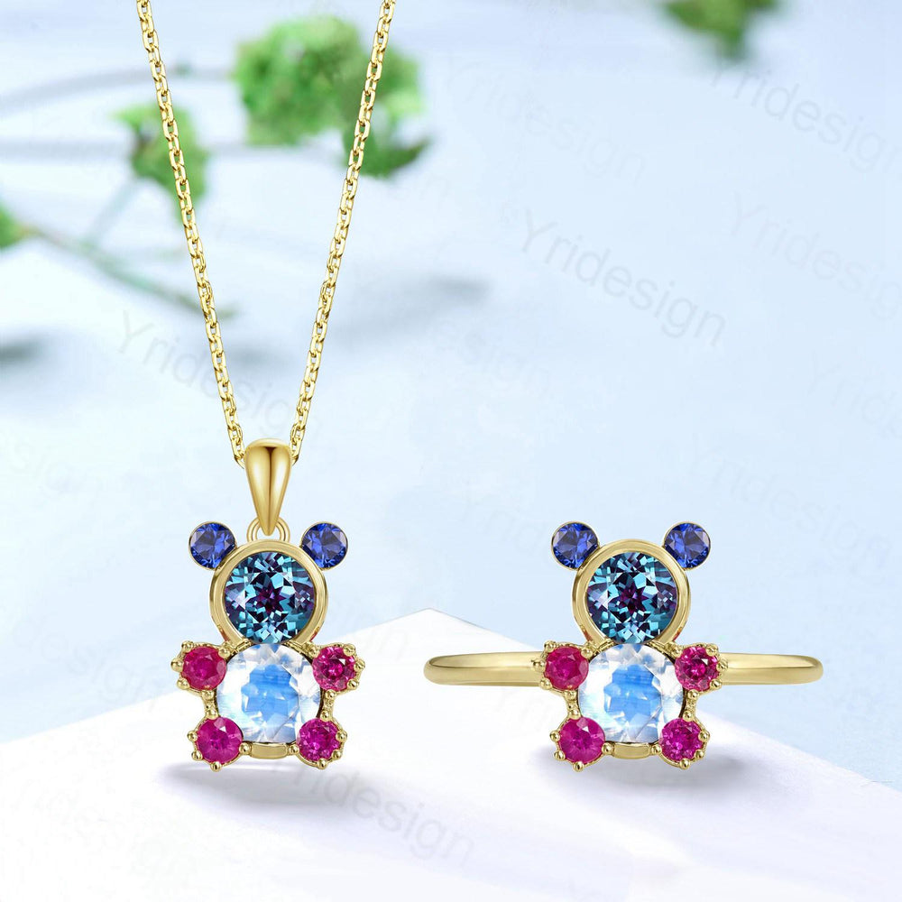 Unique Teddy Bear Jewelry alexandrite moonstone engagement ring pendant necklace cluster sapphire ruby delicate June birthstone wedding set - PENFINE