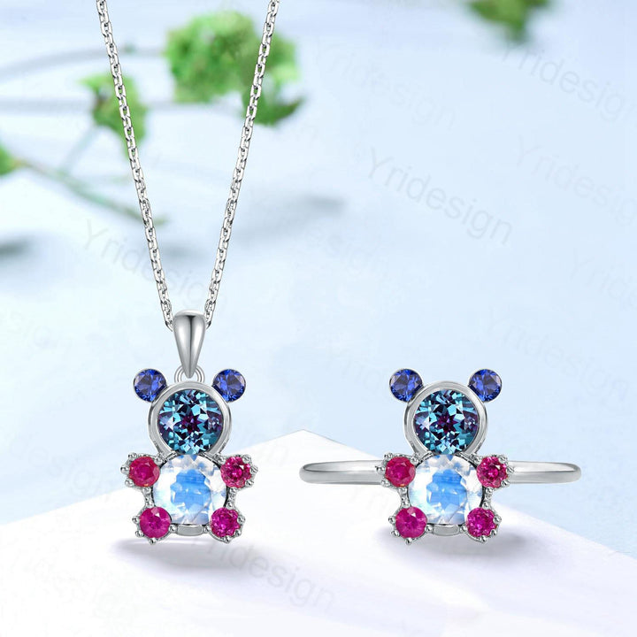 Unique Teddy Bear Jewelry alexandrite moonstone engagement ring pendant necklace cluster sapphire ruby delicate June birthstone wedding set - PENFINE
