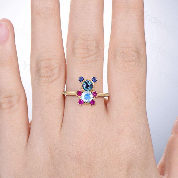 Unique Teddy Bear Jewelry alexandrite moonstone engagement ring pendant necklace cluster sapphire ruby delicate June birthstone wedding set - PENFINE