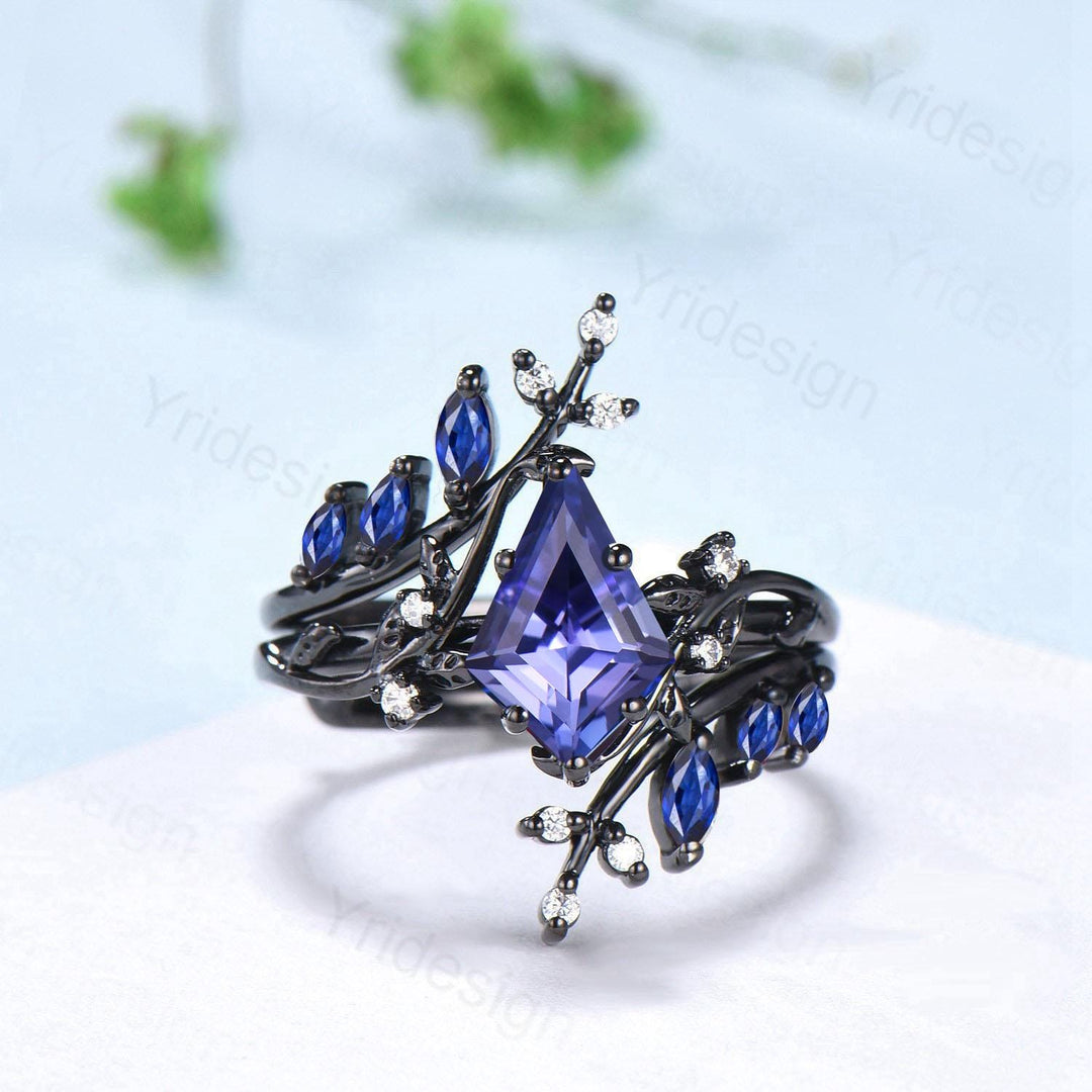 Unique gothic kite cut natural tanzanite engagement ring set black gold cluster marquise sapphire ring nature inspired enhancer wedding set - PENFINE
