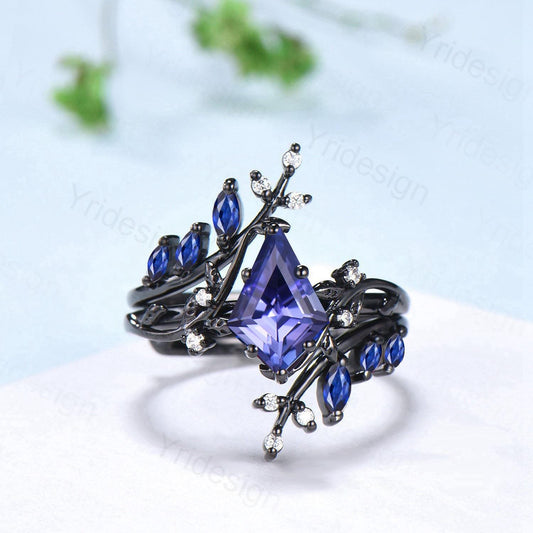 Unique gothic kite cut natural tanzanite engagement ring set black gold cluster marquise sapphire ring nature inspired enhancer wedding set - PENFINE