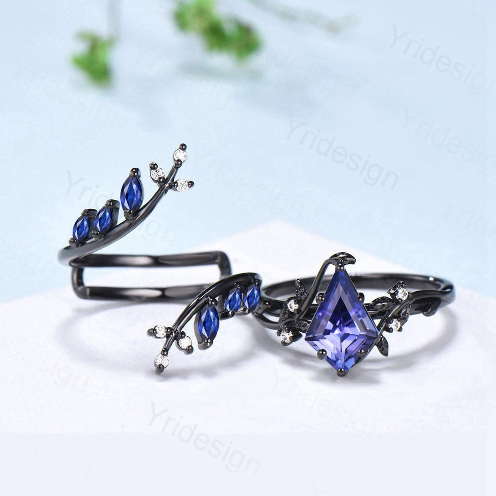Unique gothic kite cut natural tanzanite engagement ring set black gold cluster marquise sapphire ring nature inspired enhancer wedding set - PENFINE
