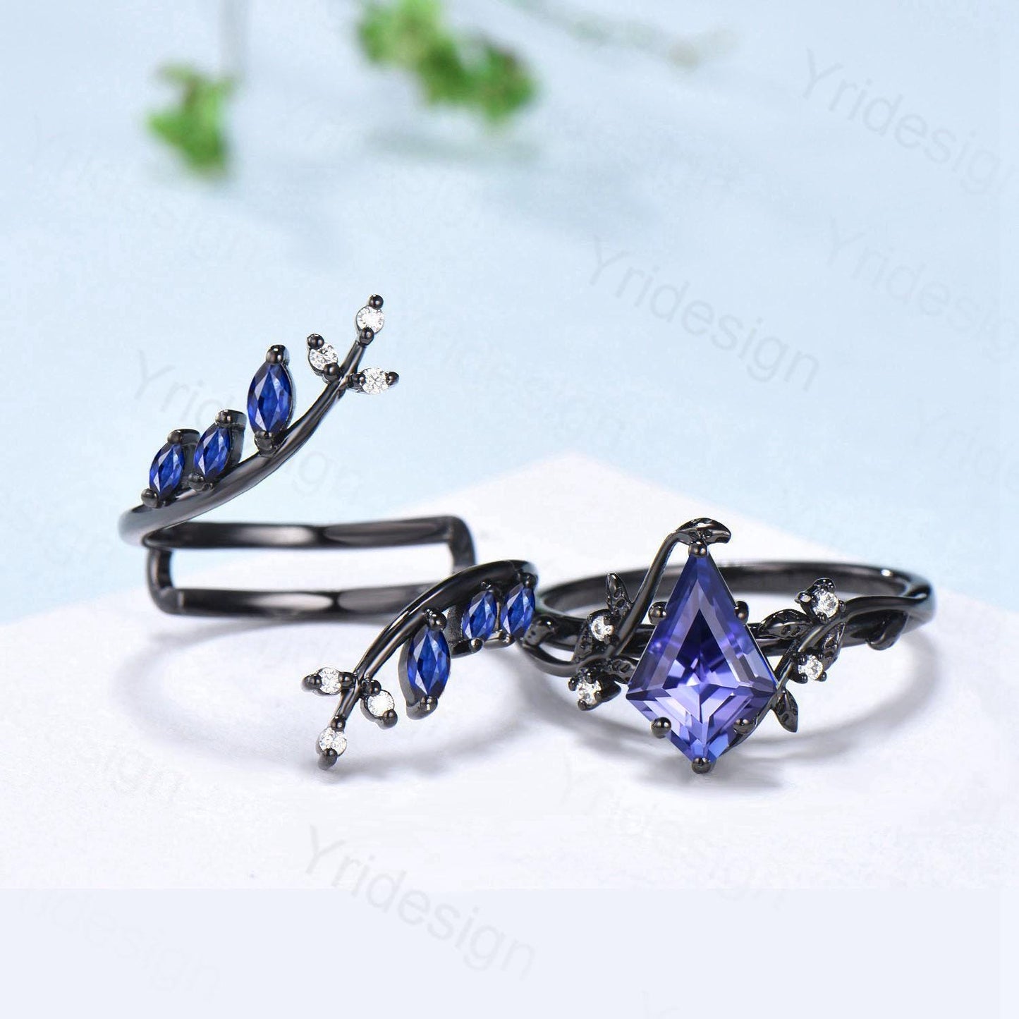 Unique gothic kite cut natural tanzanite engagement ring set black gold cluster marquise sapphire ring nature inspired enhancer wedding set - PENFINE