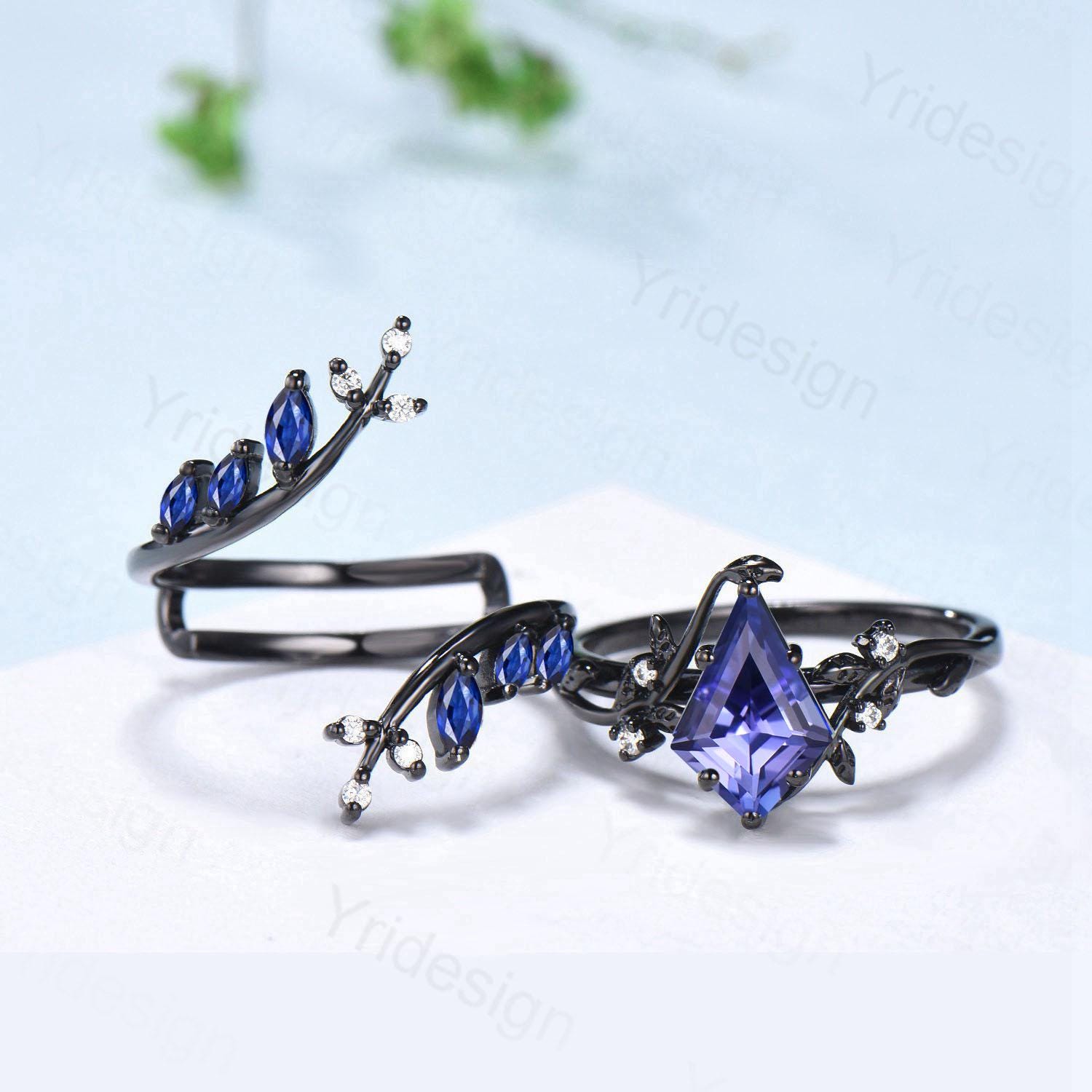 Unique gothic kite cut natural tanzanite engagement ring set black gold cluster marquise sapphire ring nature inspired enhancer wedding set - PENFINE