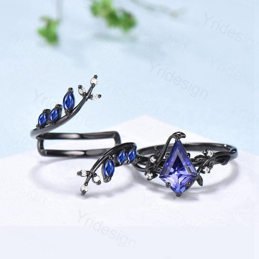 Unique gothic kite cut natural tanzanite engagement ring set black gold cluster marquise sapphire ring nature inspired enhancer wedding set - PENFINE