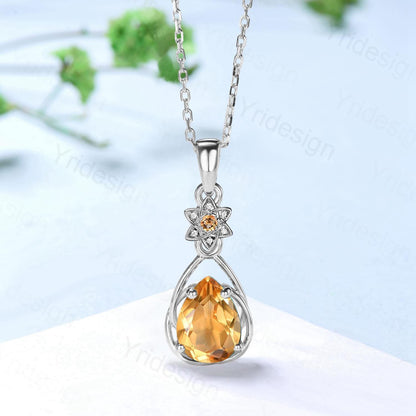 Celtic Knot Pear shaped citrine necklace solid 14k 18k rose gold vintage unique Personalized sunflower Caro pendant anniversary gift women - PENFINE