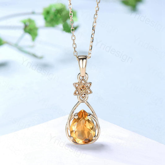Celtic Knot Pear shaped citrine necklace solid 14k 18k rose gold vintage unique Personalized sunflower Caro pendant anniversary gift women - PENFINE