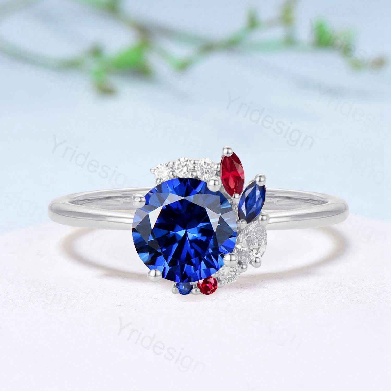 Unique Round Cut Blue Sapphire Engagement Ring Silver Rose Gold Cluster Marquise Ruby Wedding Ring Sep Birthstone Anniversary Promise Gifts - PENFINE