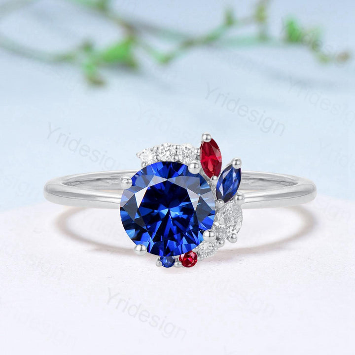 Unique Round Cut Blue Sapphire Engagement Ring Silver Rose Gold Cluster Marquise Ruby Wedding Ring Sep Birthstone Anniversary Promise Gifts - PENFINE