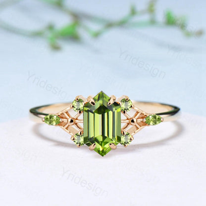 Vintage Elongated Hexagon Cut Peridot Engagement Ring Unique Spider Wedding Ring August Birthstone Anniversary Promise Ring Gift for Her - PENFINE