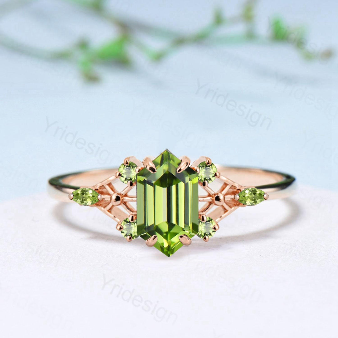 Vintage Elongated Hexagon Cut Peridot Engagement Ring Unique Spider Wedding Ring August Birthstone Anniversary Promise Ring Gift for Her - PENFINE