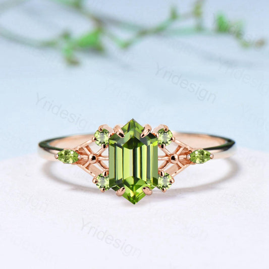 Vintage Elongated Hexagon Cut Peridot Engagement Ring Unique Spider Wedding Ring August Birthstone Anniversary Promise Ring Gift for Her - PENFINE