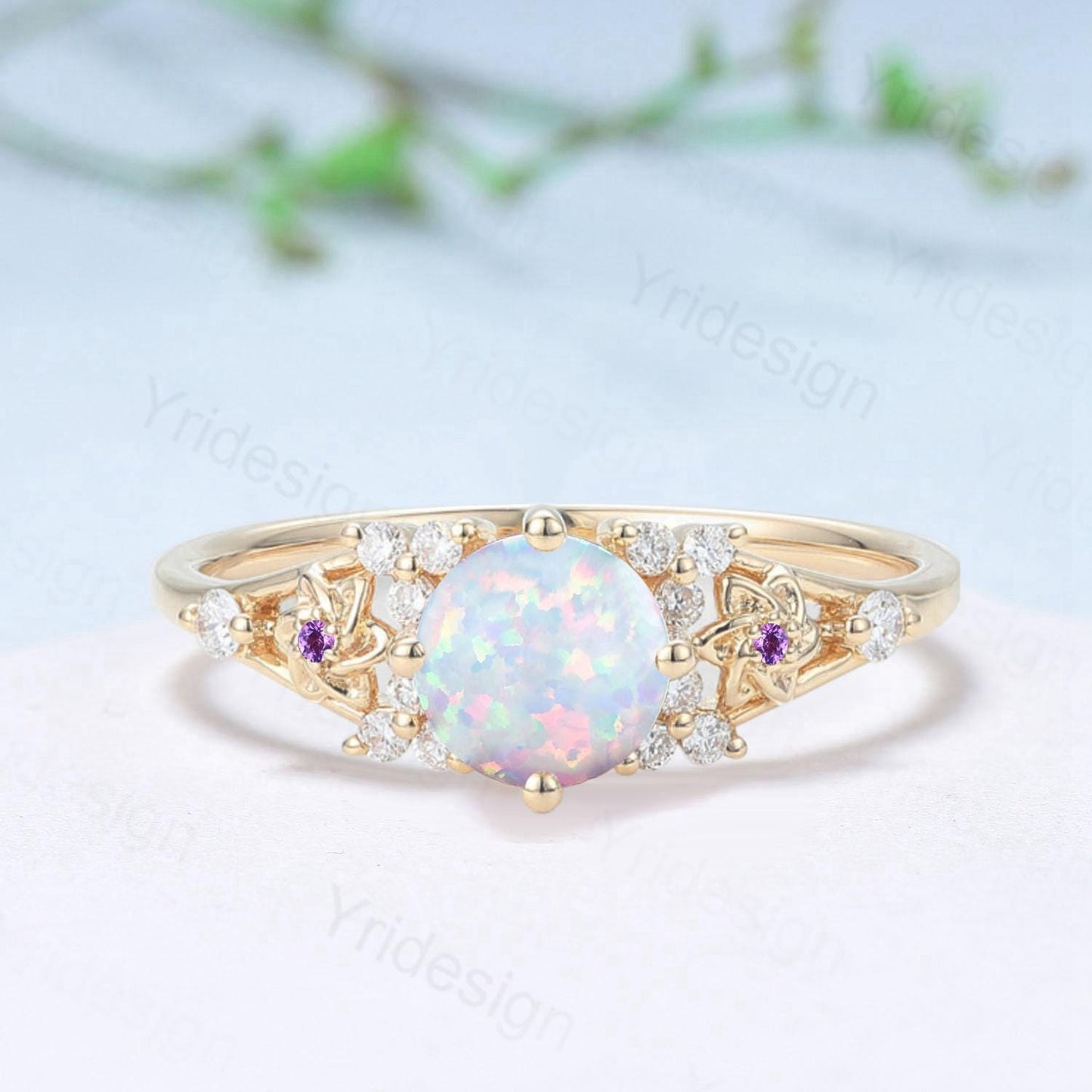 Unique White Opal Engagement Ring Vintage Floral Design Fire Opal Ring Natural Inspired Leaf Vine Cluster Amethyst Bride Wedding Ring Women - PENFINE