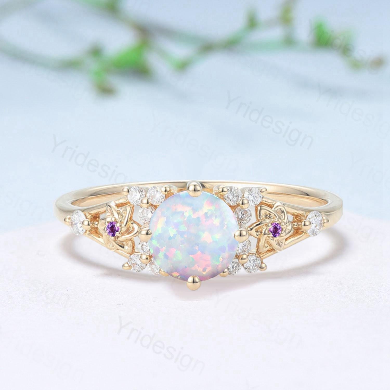 Unique White Opal Engagement Ring Vintage Floral Design Fire Opal Ring Natural Inspired Leaf Vine Cluster Amethyst Bride Wedding Ring Women - PENFINE