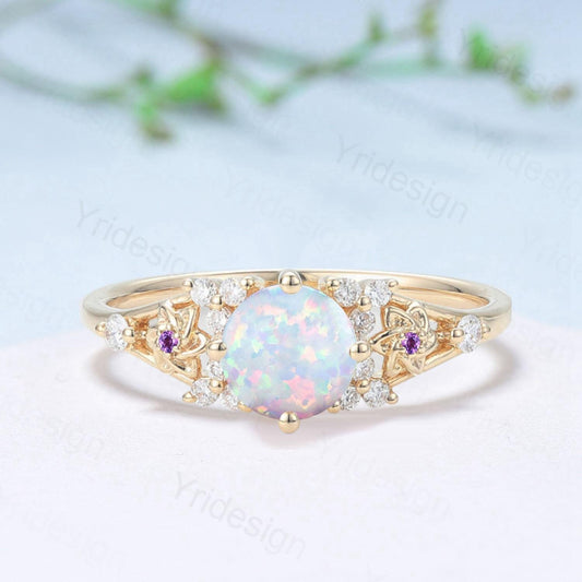 Unique White Opal Engagement Ring Vintage Floral Design Fire Opal Ring Natural Inspired Leaf Vine Cluster Amethyst Bride Wedding Ring Women - PENFINE