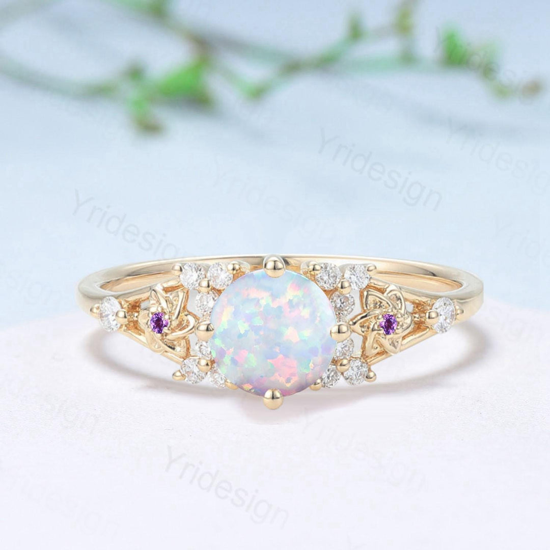 Floral White Opal Engagement Ring, Vintage Style, Amethyst Accent, Handmade - PENFINE