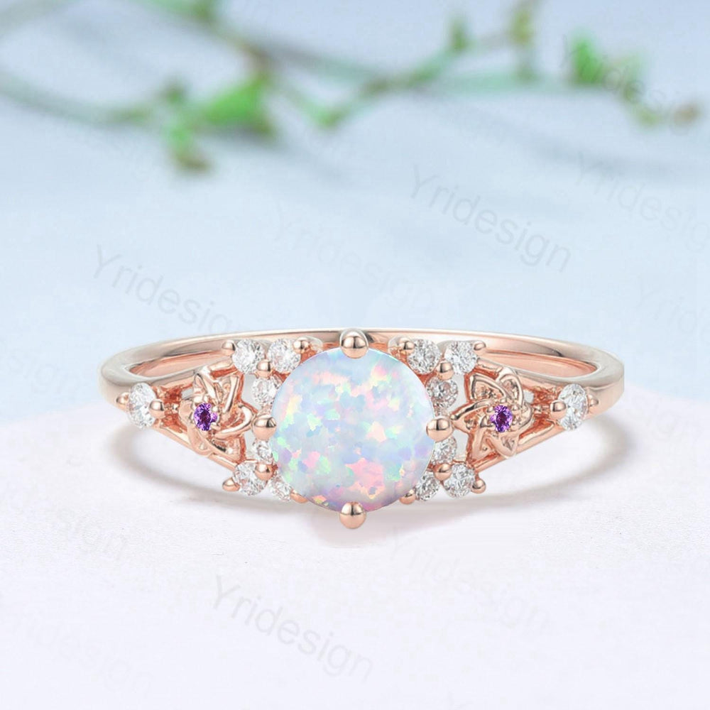 Floral White Opal Engagement Ring, Vintage Style, Amethyst Accent, Handmade - PENFINE
