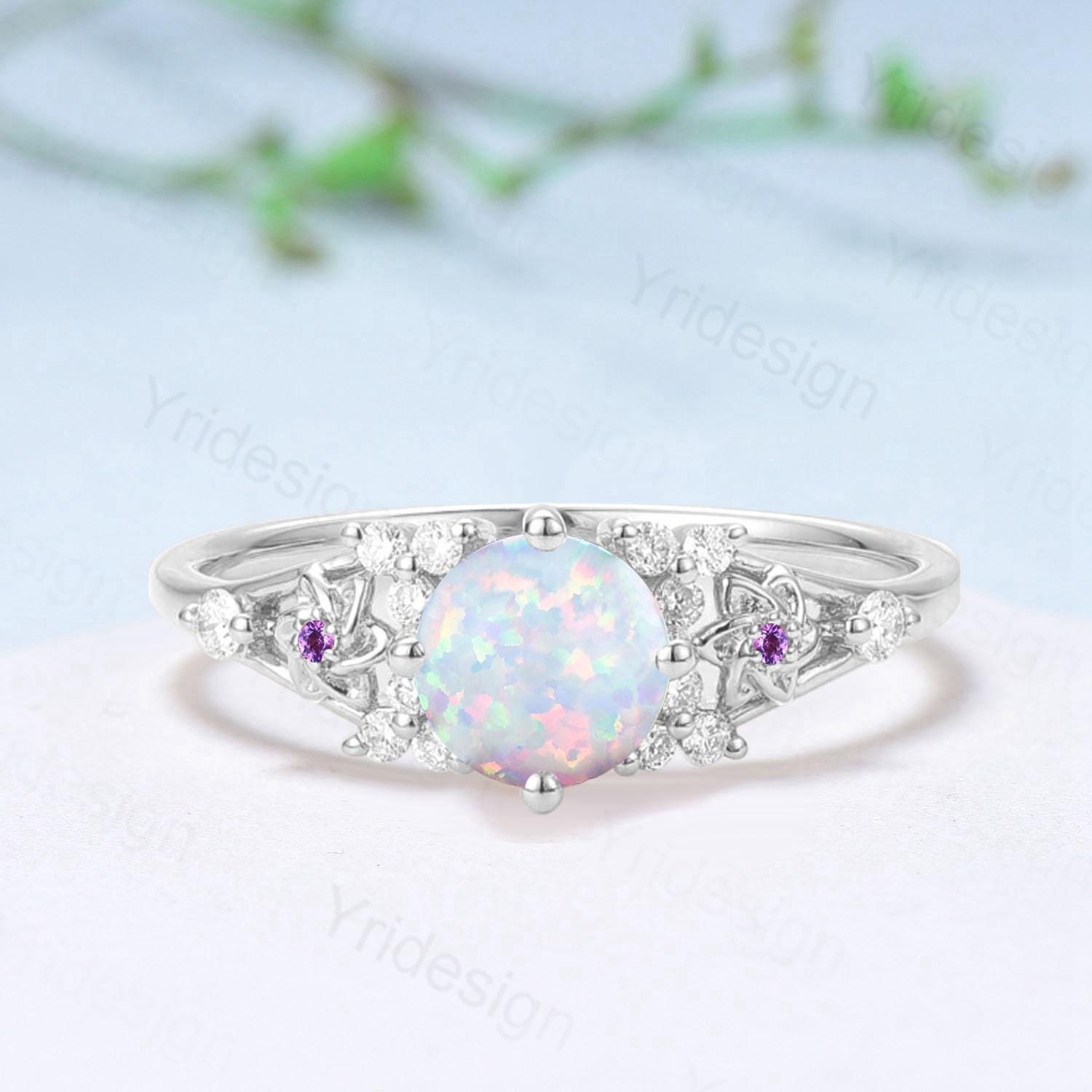 Unique White Opal Engagement Ring Vintage Floral Design Fire Opal Ring Natural Inspired Leaf Vine Cluster Amethyst Bride Wedding Ring Women - PENFINE