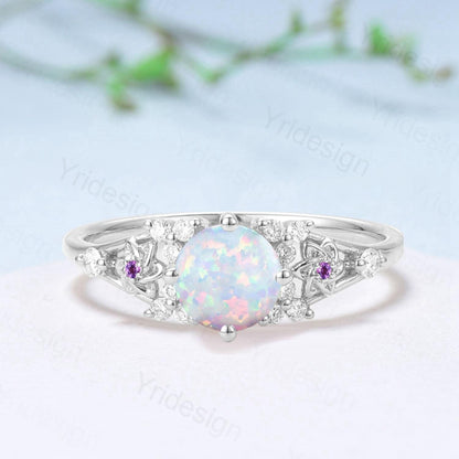Unique White Opal Engagement Ring Vintage Floral Design Fire Opal Ring Natural Inspired Leaf Vine Cluster Amethyst Bride Wedding Ring Women - PENFINE