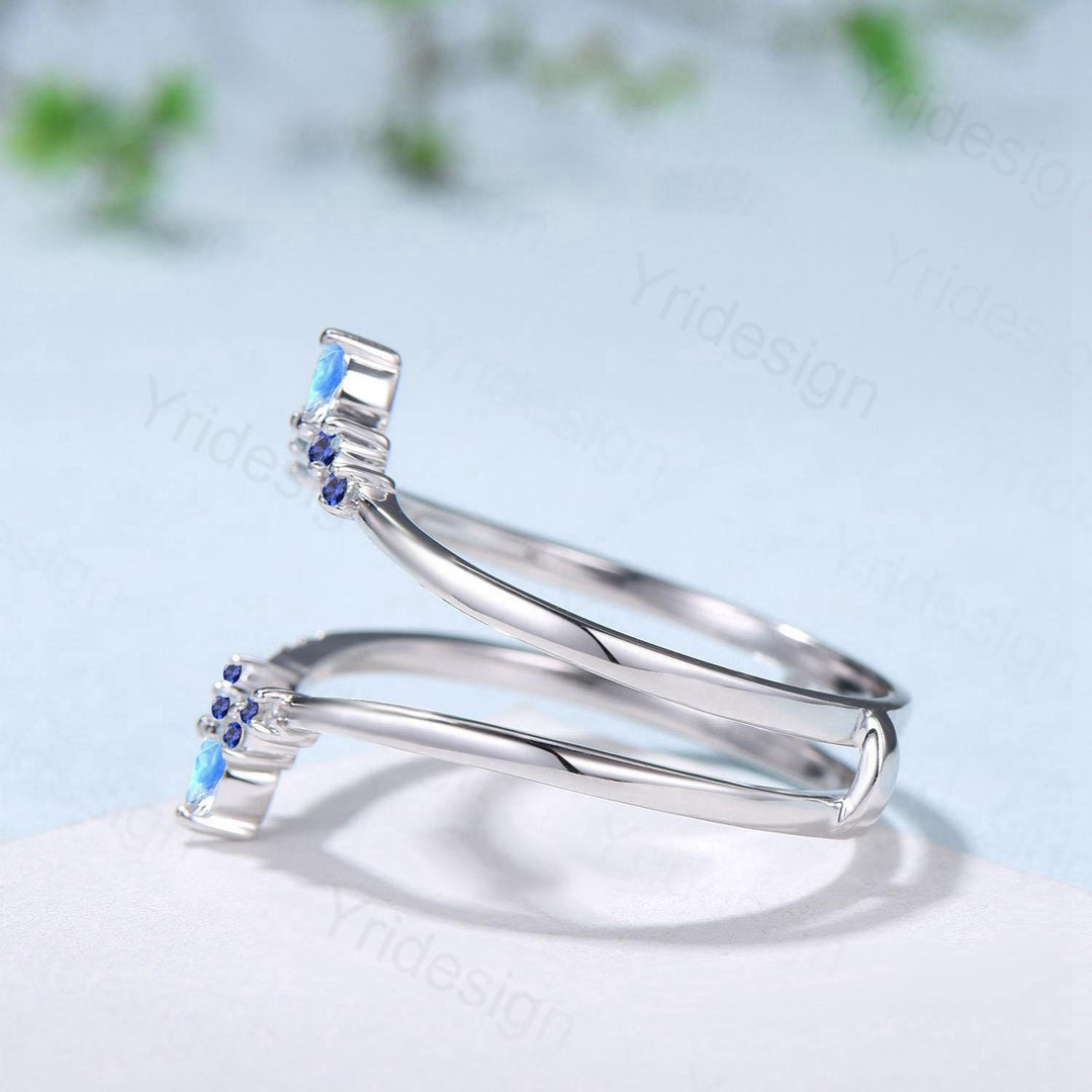 Double Curved Blue Sapphire Moonstone Wedding Band Sterling Silver Contour Enhancer Stacking Matching Nesting Band Jacket Anniversary Gifts - PENFINE