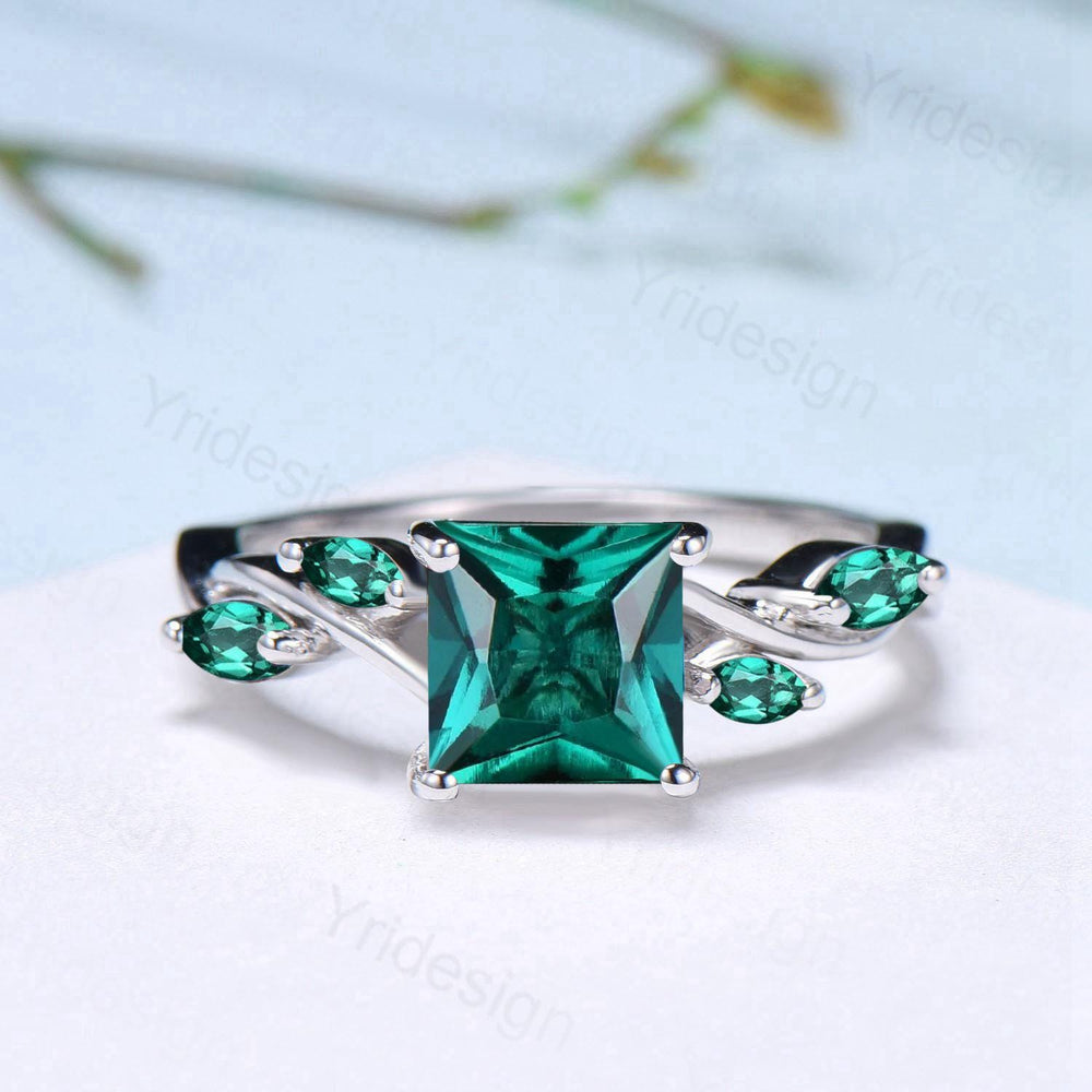 Vintage Lab Created Emerald Princess Cut Engagement Ring Art Deco Split Shank May Birthstone Wedding Ring Gift Promise Anniversary Ring - PENFINE